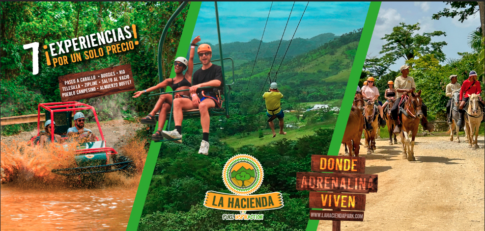 Adventure collage at La Hacienda Park: buggy, chairlift, zipline, horses, and rural village.