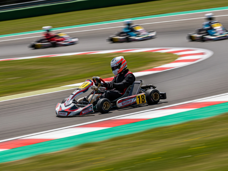 Go-kart racing around a curve on a professional race track.