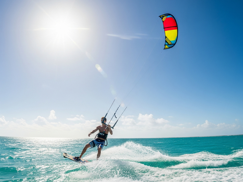 Kitesurfista navegando en aguas turquesas bajo un cielo azul brillante.